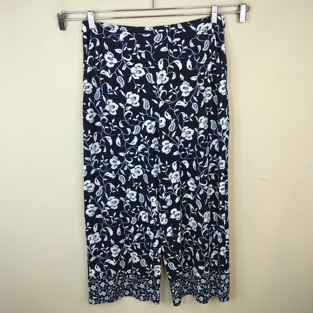 J. Jill Wearever Full-Leg Cropped Pants Women Medium Floral Knit Navy Blue